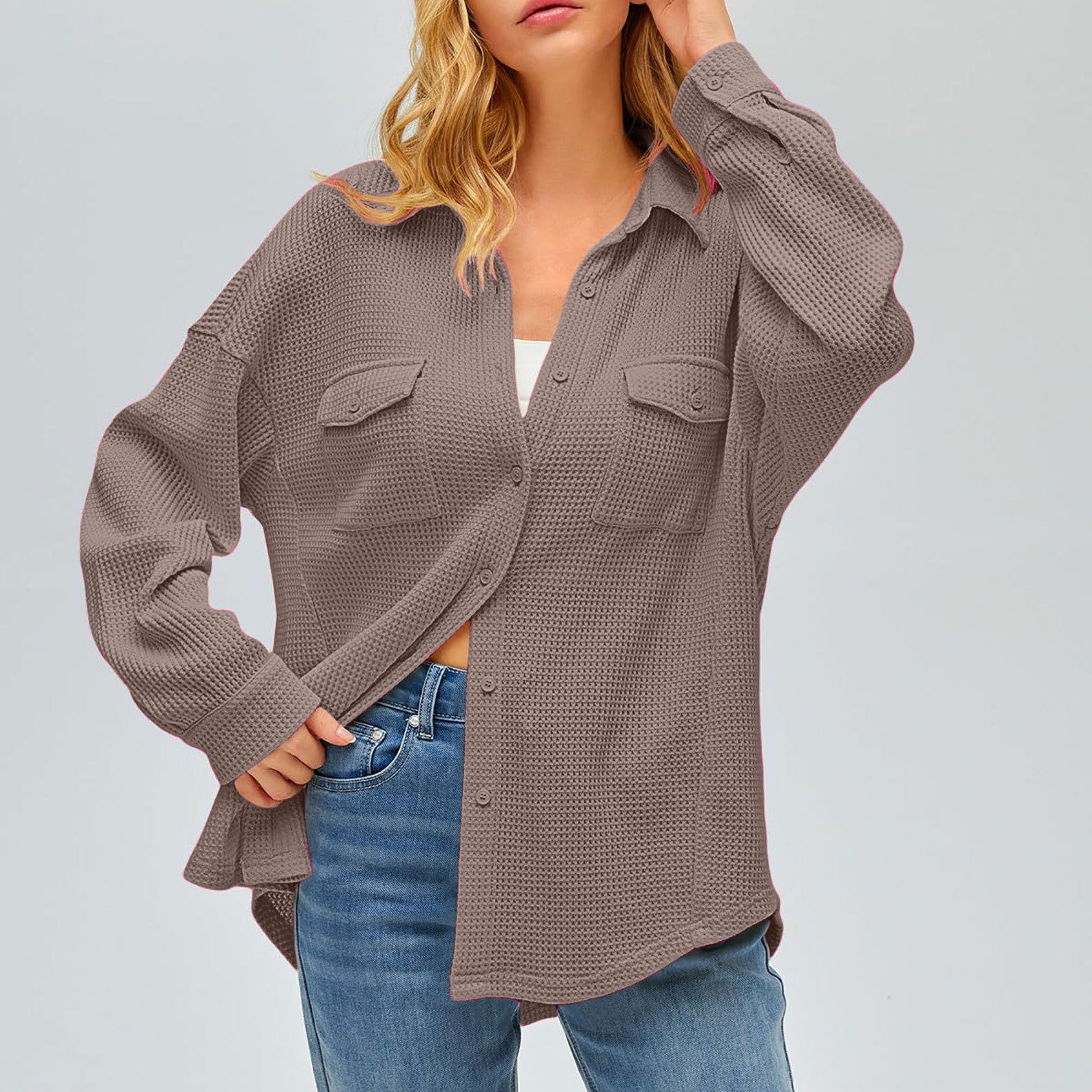 thumbnail image 2 of Camisa con bolsillos de color liso para mujer: top de punto holgado de manga larga, poliéster, versátil para primavera/otoño, tallas US 4-12, EU 34-42, 2 of 8